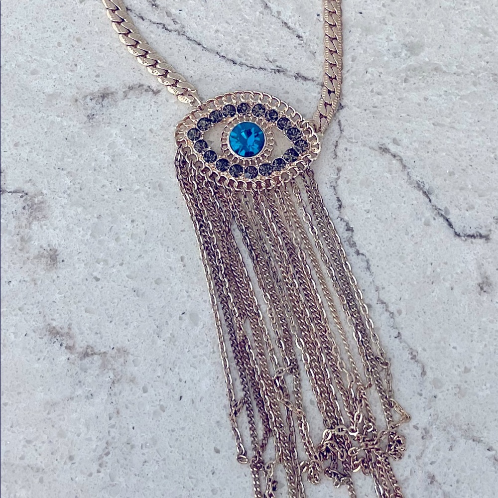 SPRING STREET EVIL EYE Silver Chain Necklace - Blue Eye with stainless fringe